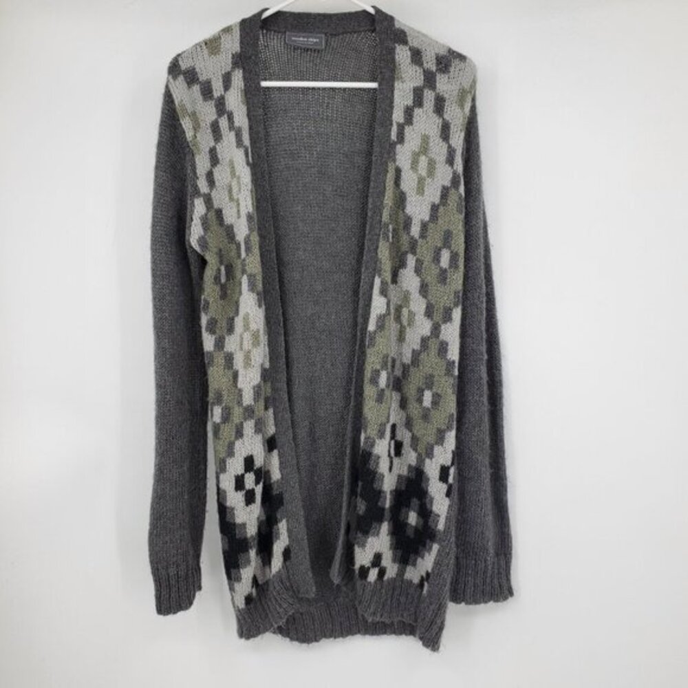 Wooden Ships Mohair Wool Southwestern Grey Aztec Cardigan Sweater Boho Grunge